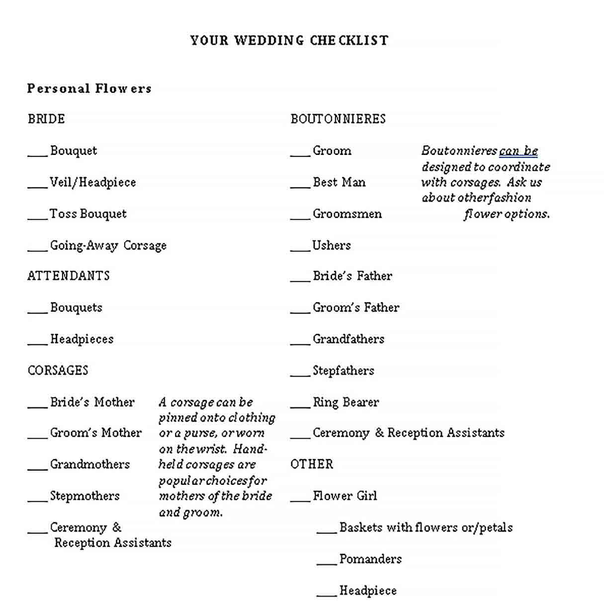 Sample Wedding Day Checklist