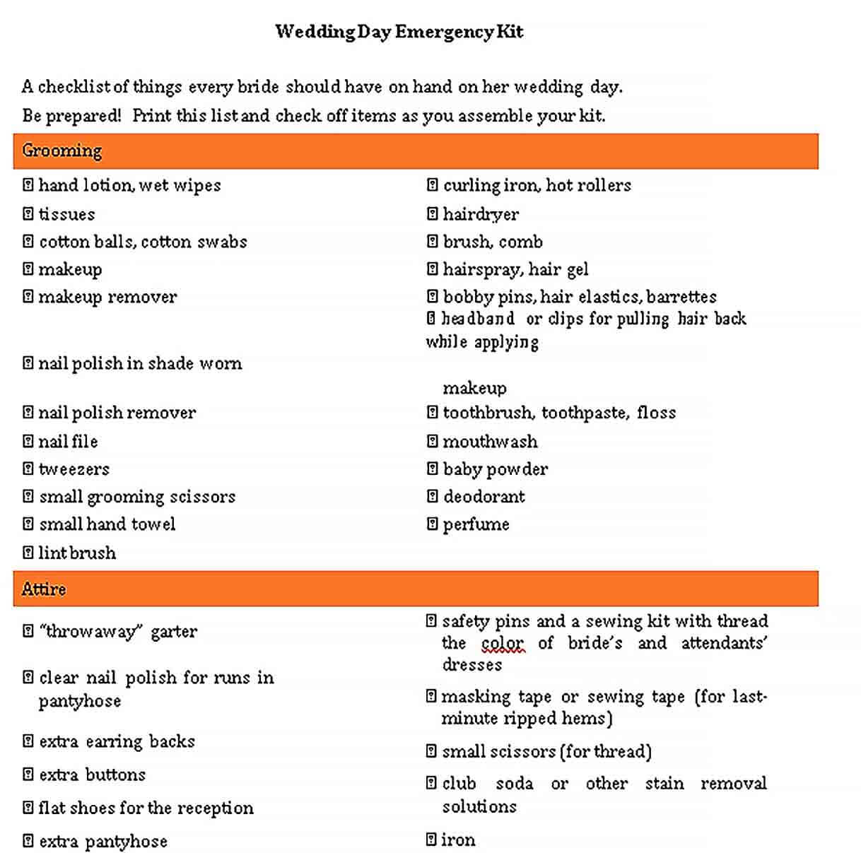 Sample Wedding Day Emergency Checklist