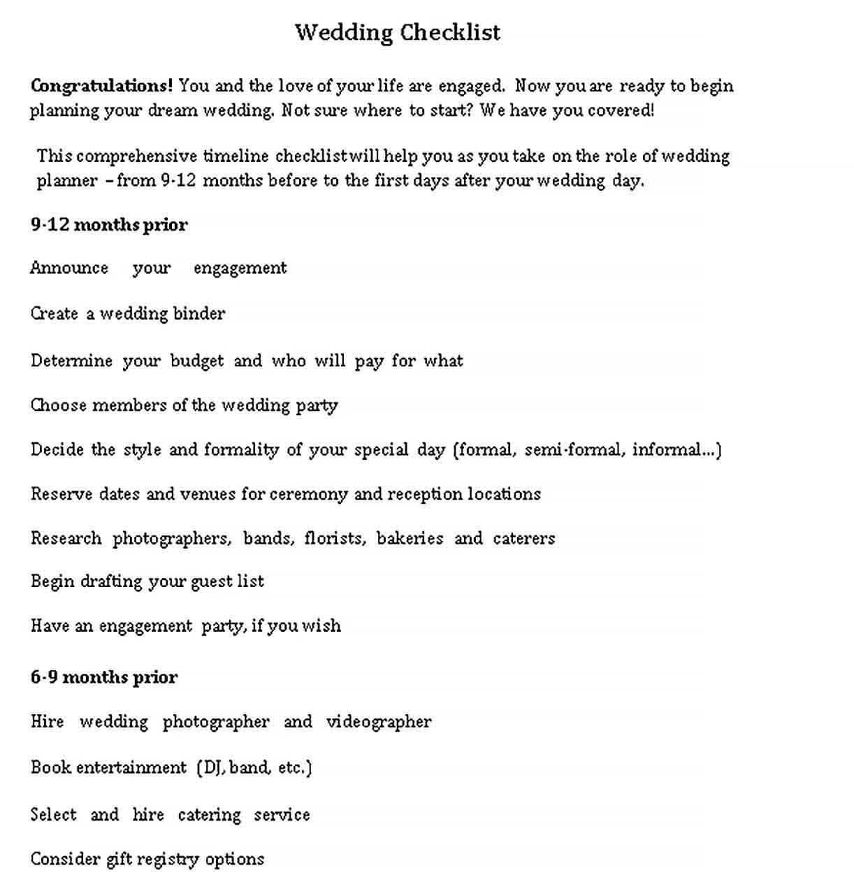 Sample Wedding Day Items Checklist