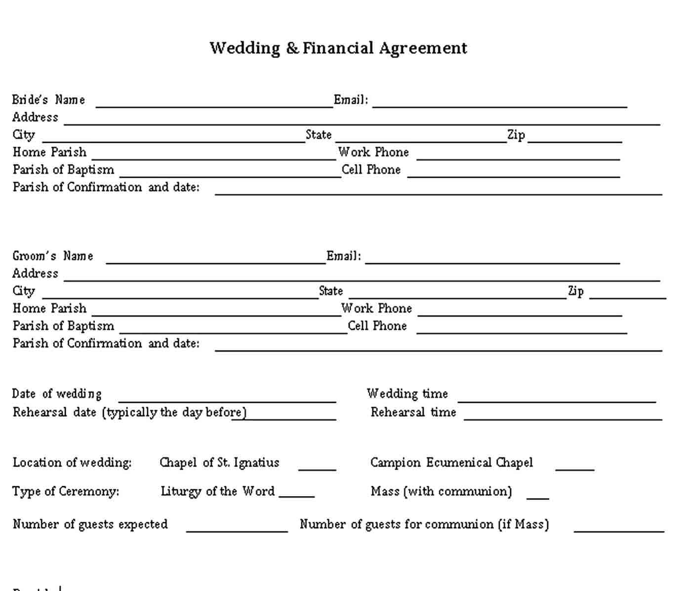 Sample Wedding Finance Agreement