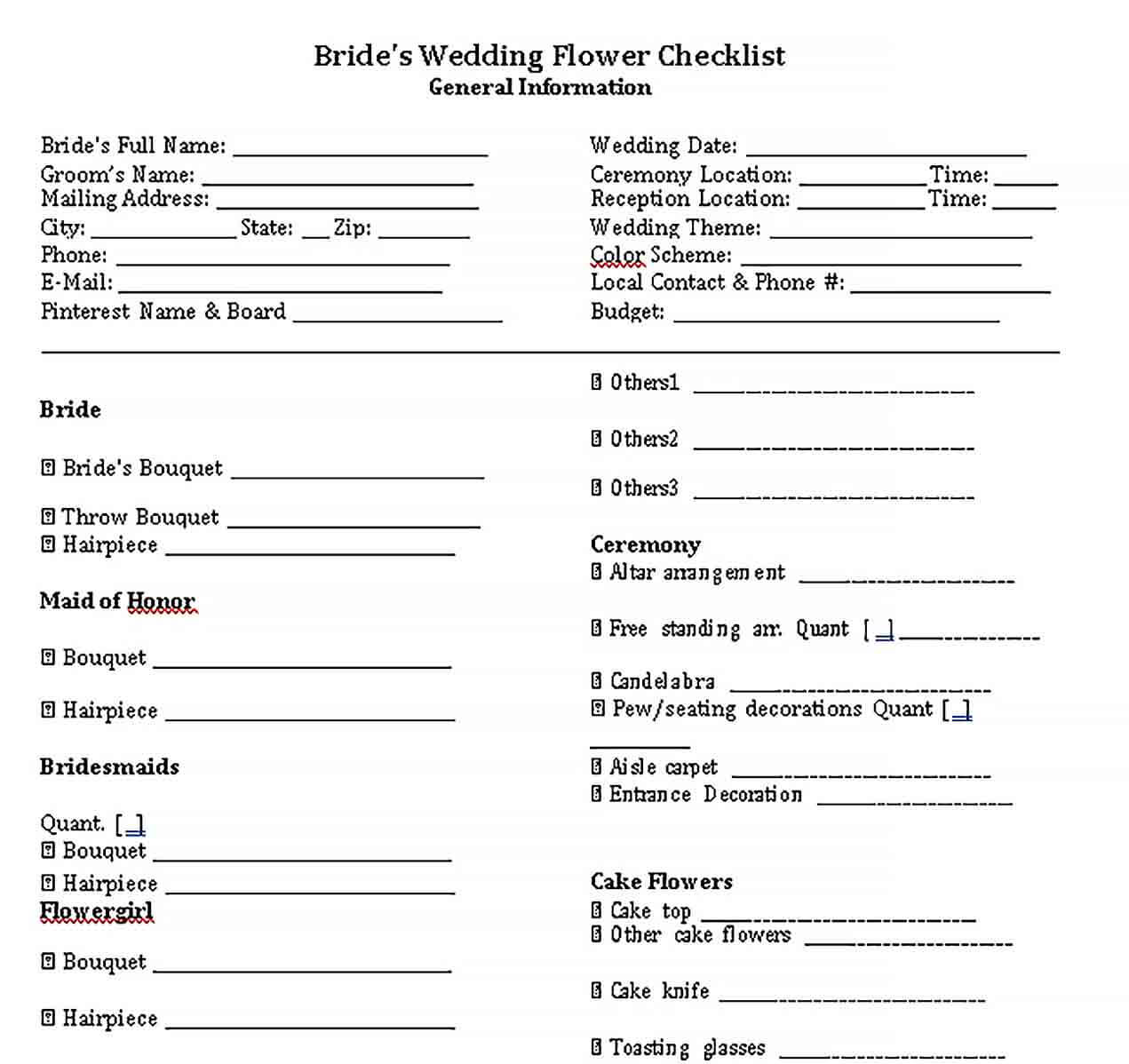 Sample Wedding Flowers Checklist