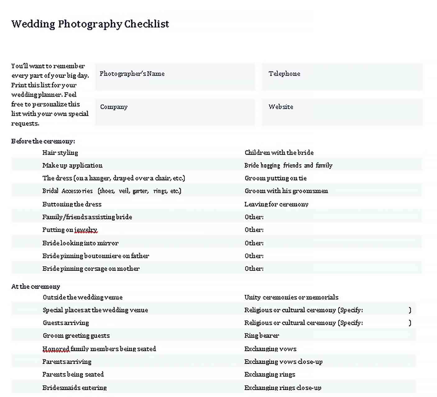 Sample Wedding Photographer Checklist