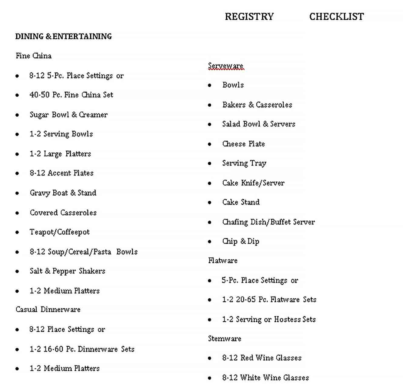 Sample Wedding Registry Checklist