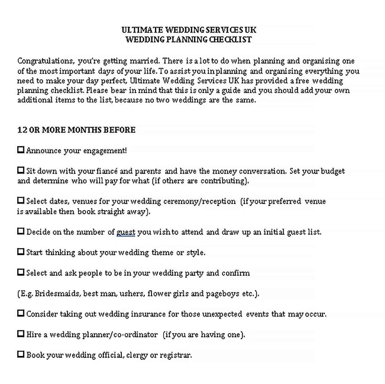 Sample Wedding Services checklist