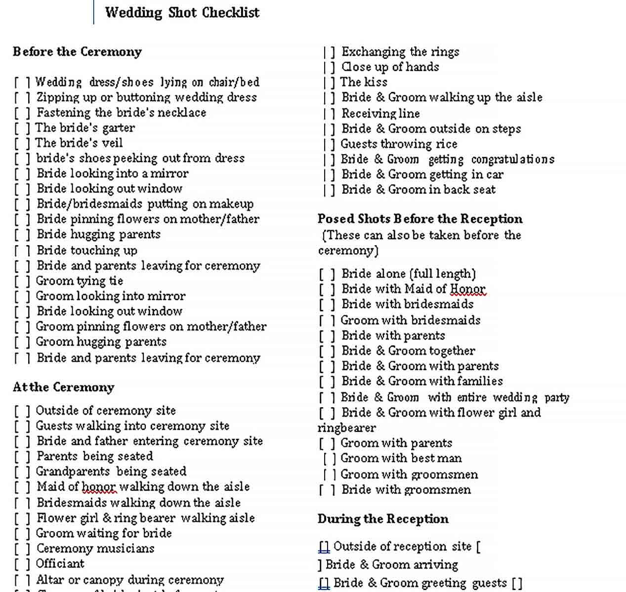 Sample Wedding Shot Checklist