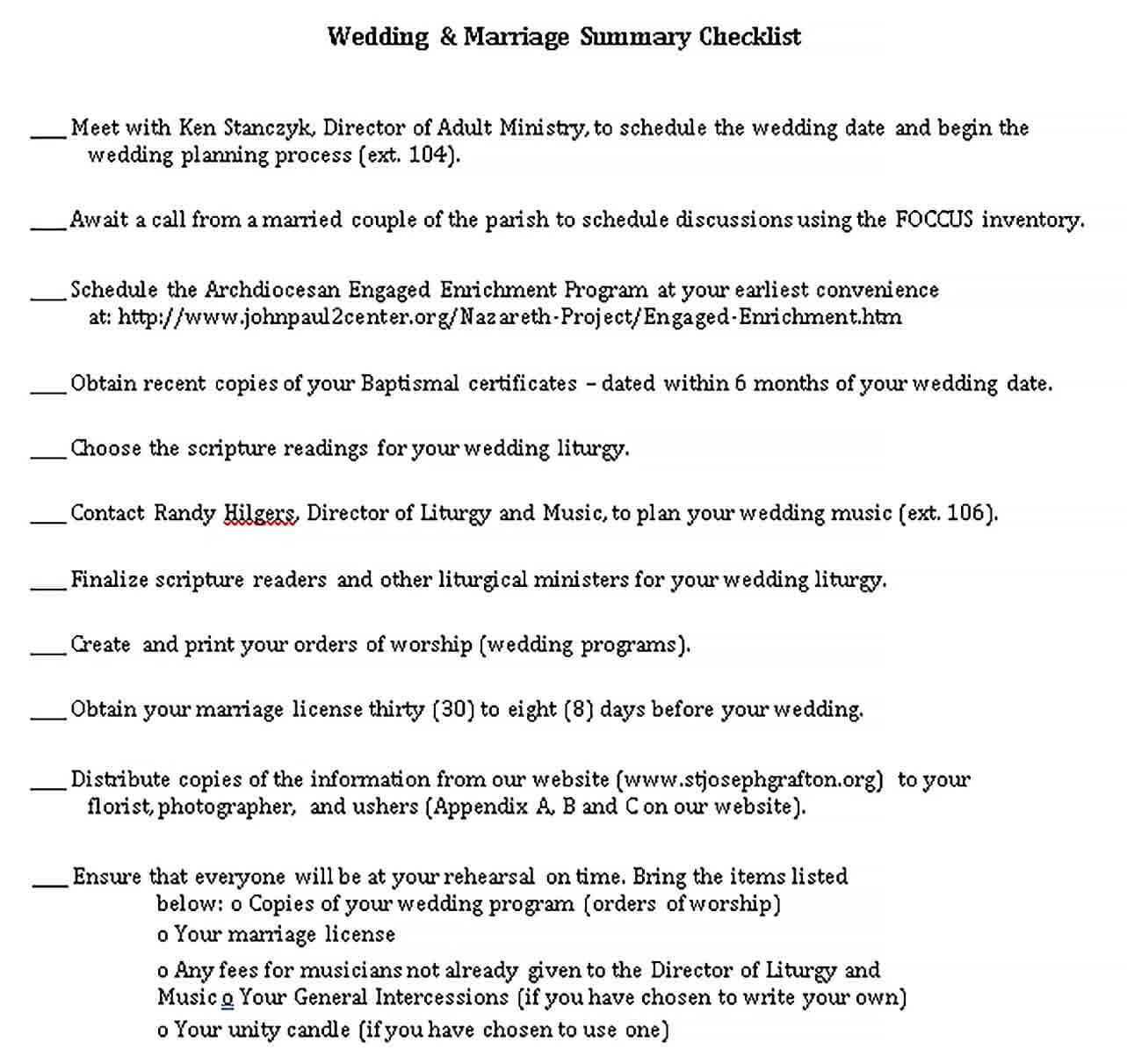 Sample Wedding Summary Checklist 1