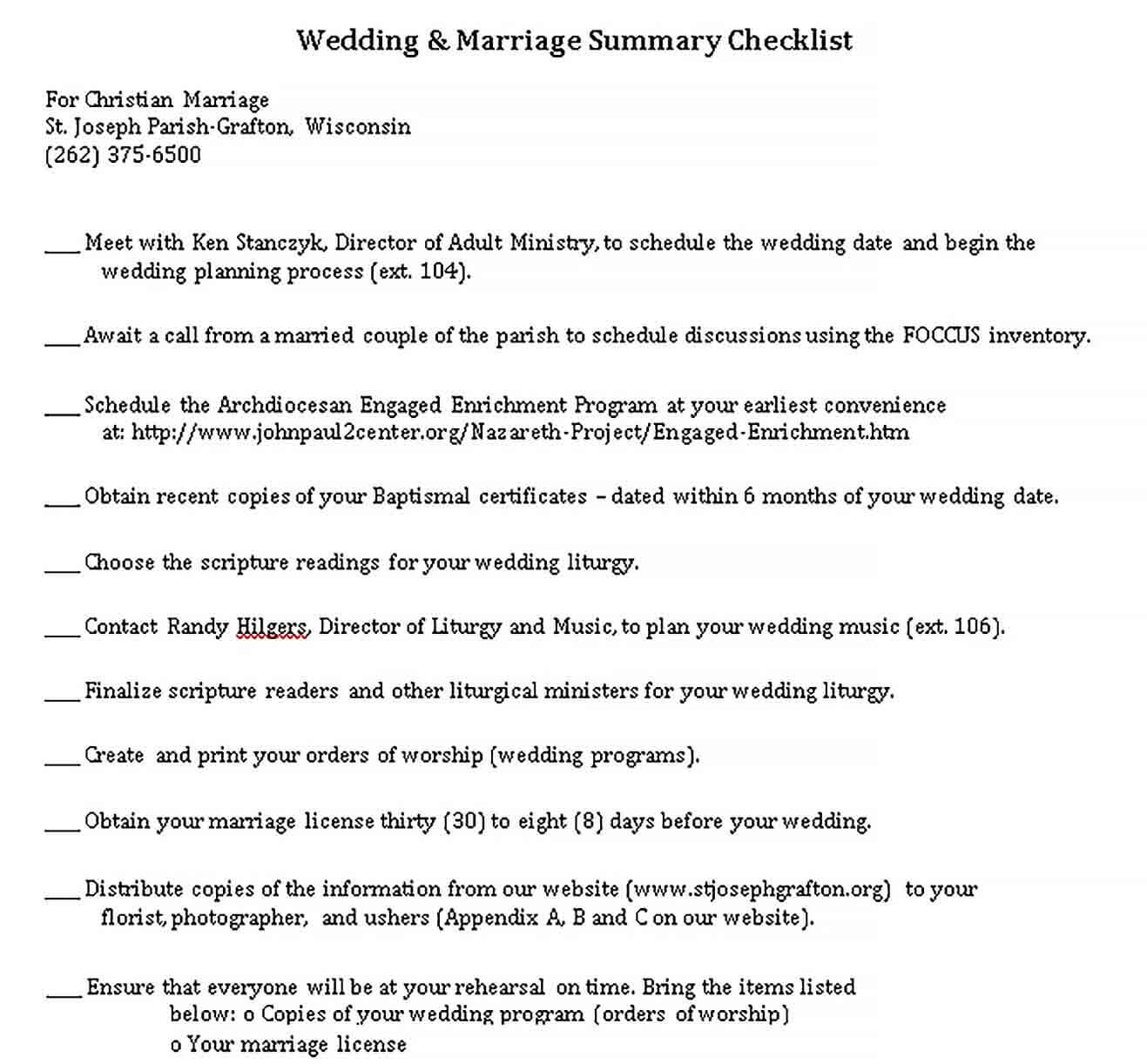 Sample Wedding Summary Checklist