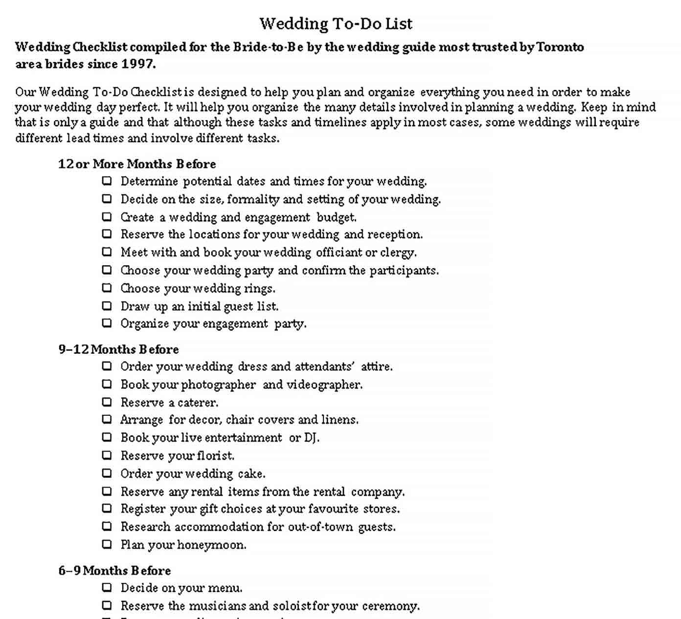 Sample Wedding To Do Checklist Template