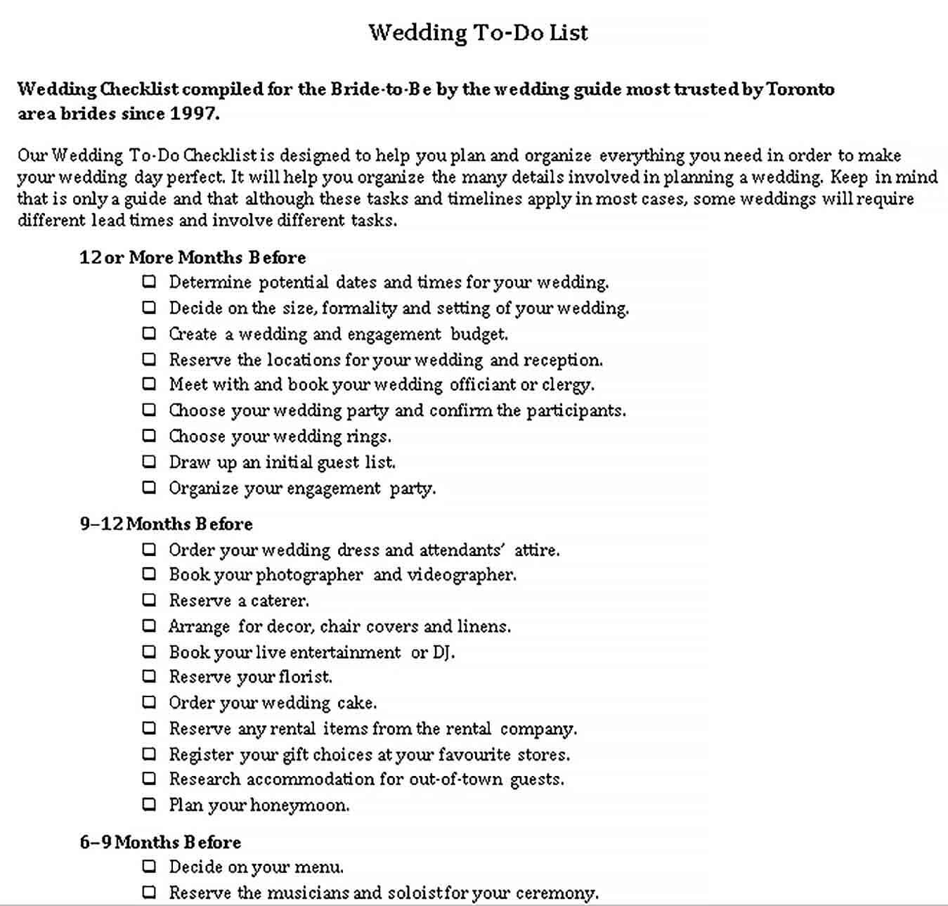Sample Wedding To Do List 1