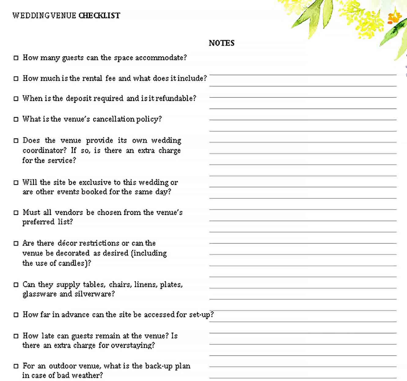 Sample Wedding Venue Checklist Template