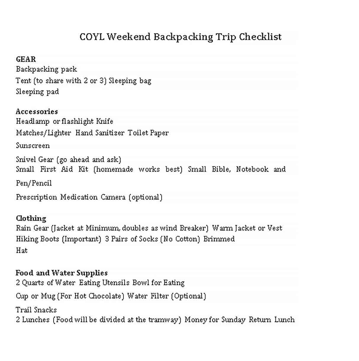 Sample Weekend Backpacking Checklist