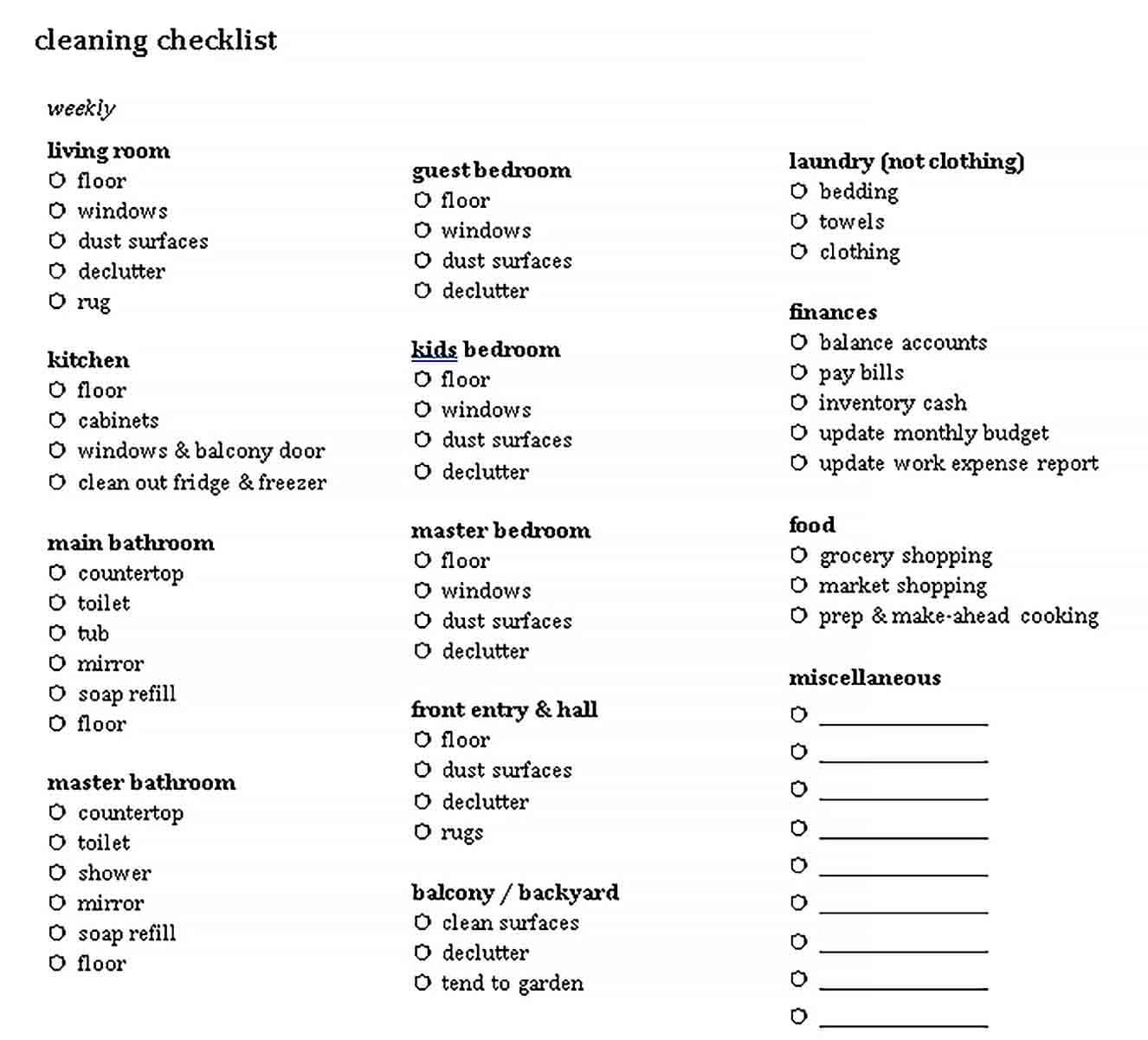 Sample Weekly Checklist Template