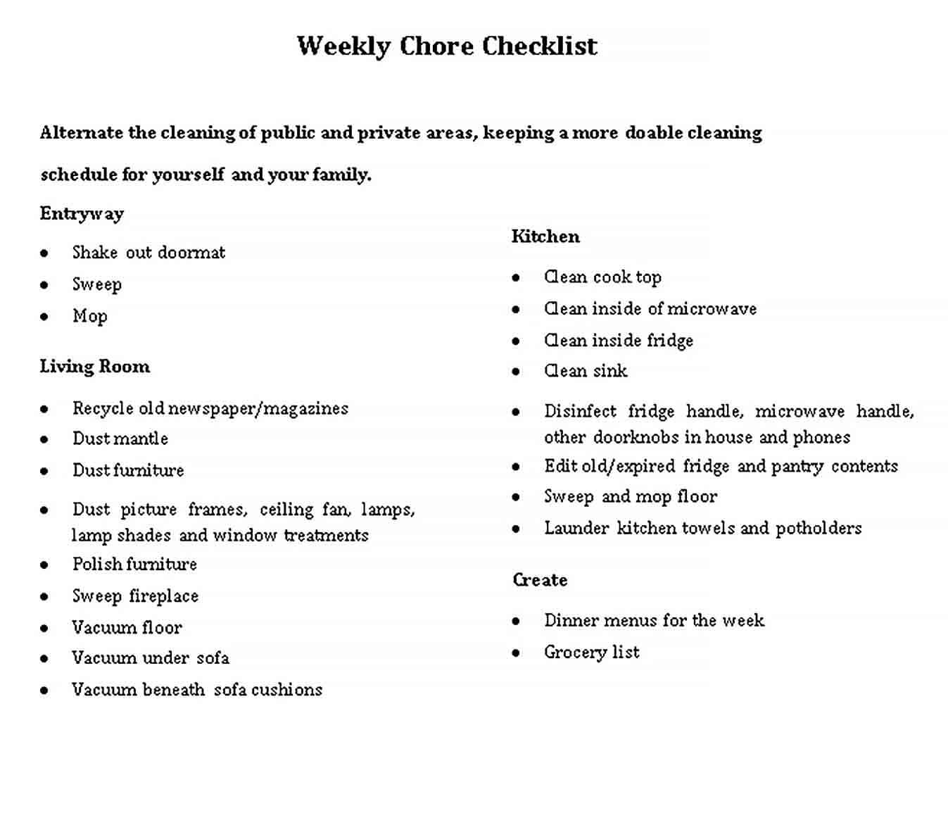 Sample Weekly Chore Checklist Template