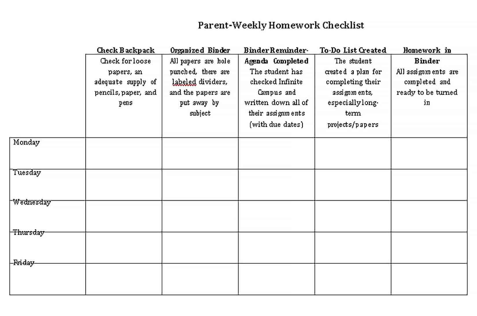 Sample Weekly Homework Checklist Template