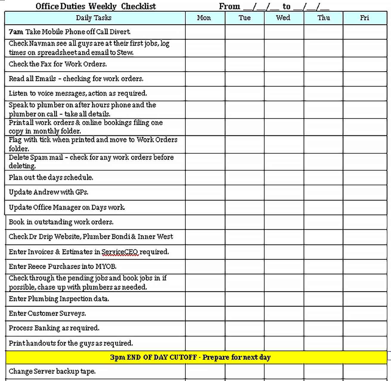 Sample Weekly Office Checklist Template