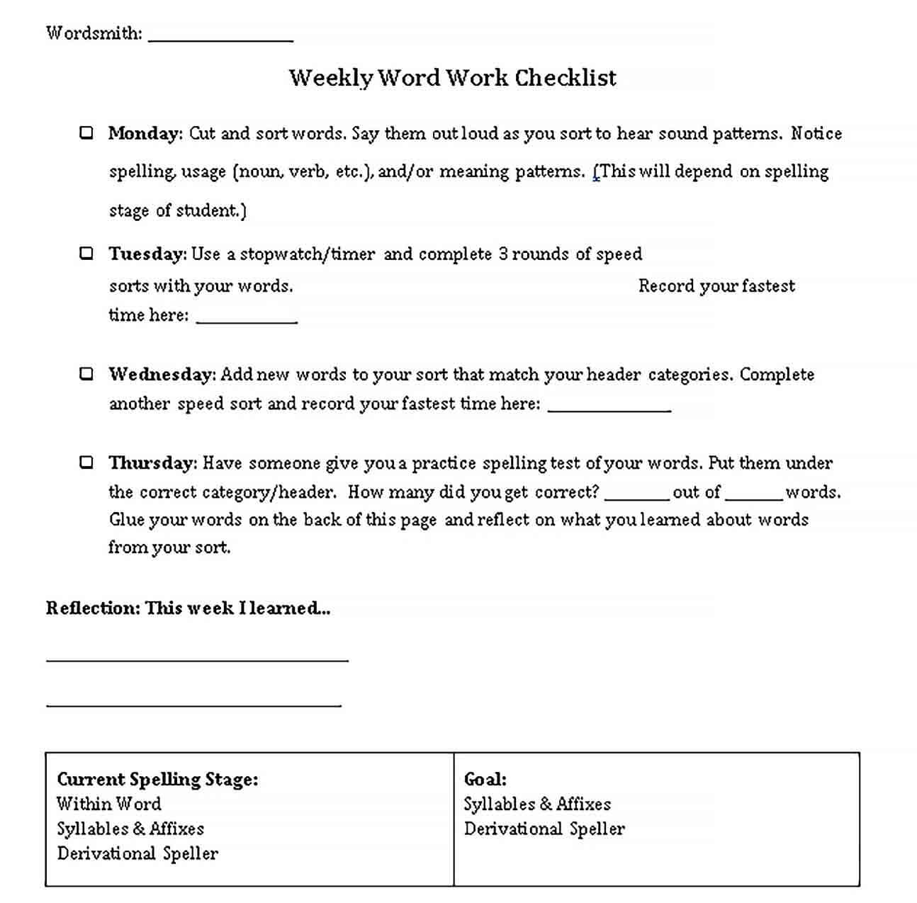 Sample Weekly Work Checklist