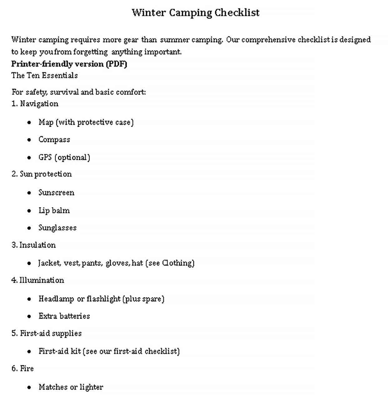 Sample Winter Camping Checklist