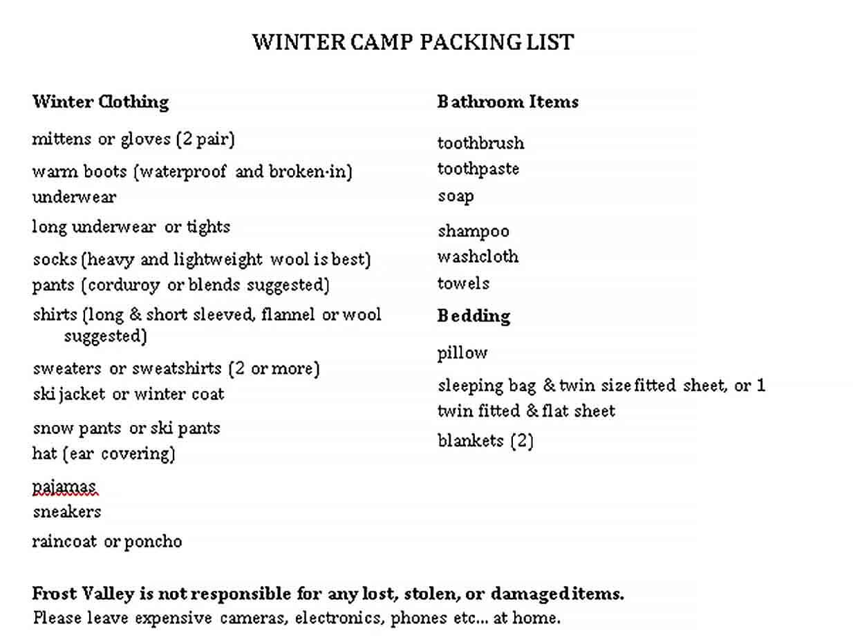 Sample Winter Camping Packing Checklist PDF Format