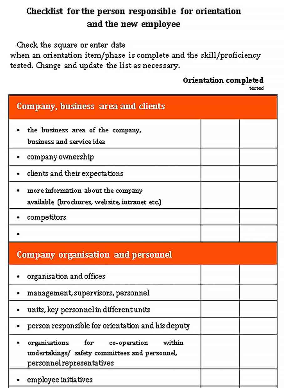 Sample Work Orientation Checklist