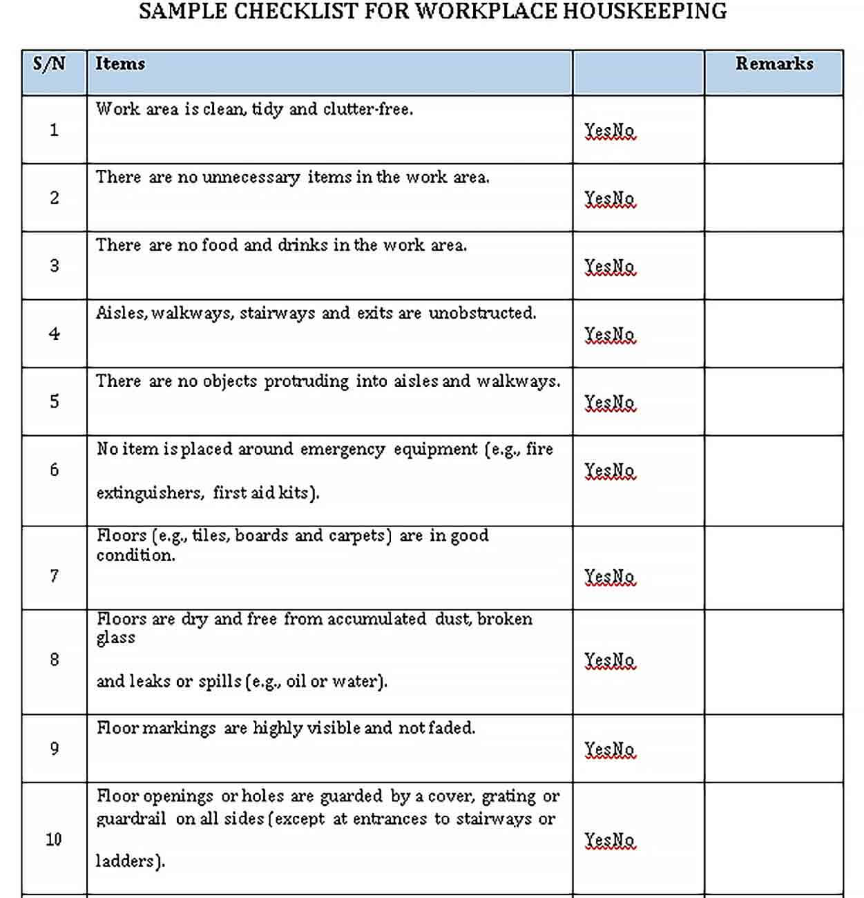 Sample Workplace Housekeeping Checklist Template