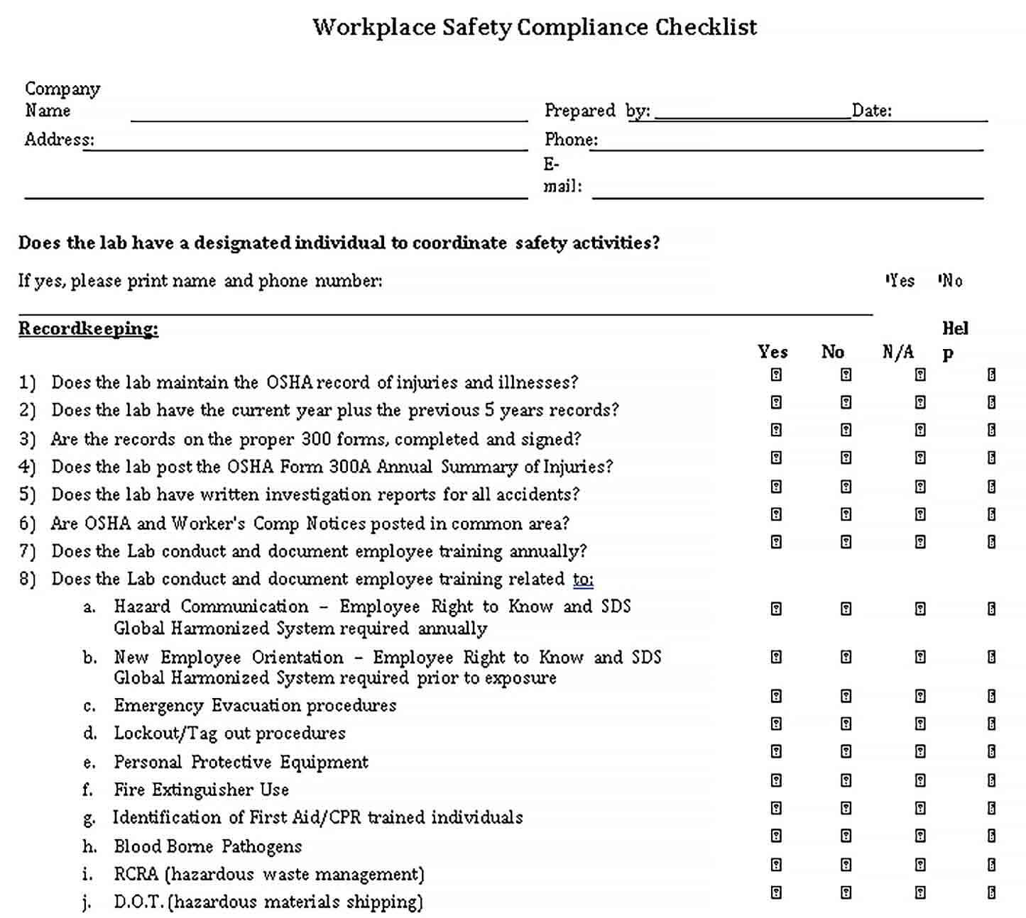 Sample Workplace Safety Compliance Checklist