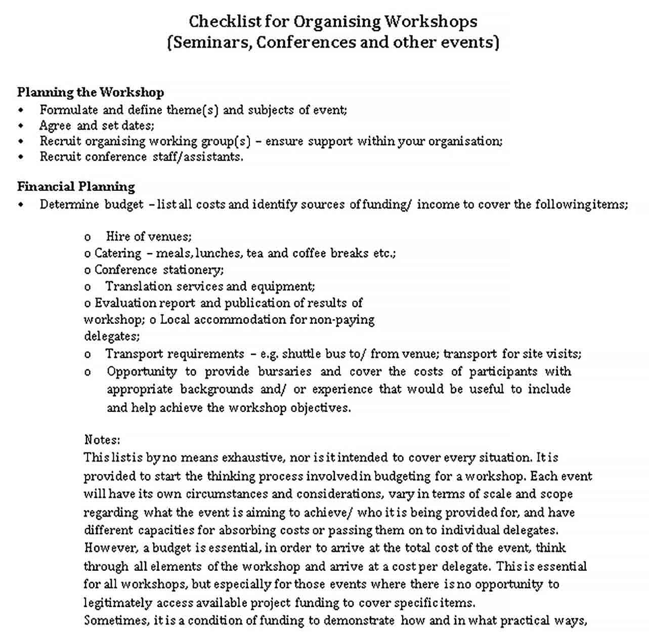 Sample Workshop Event Planning Checklist