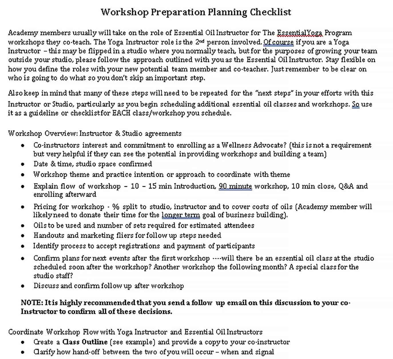 Sample Workshop Preparation Planning Checklist
