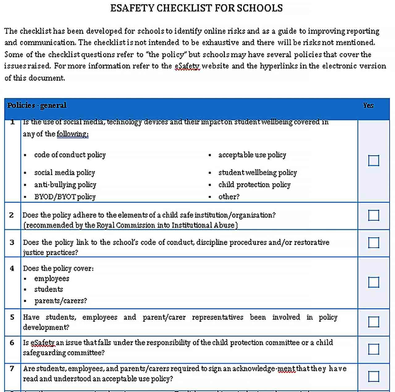 Sample eSafety checklist for schools for school leadership teams PDF