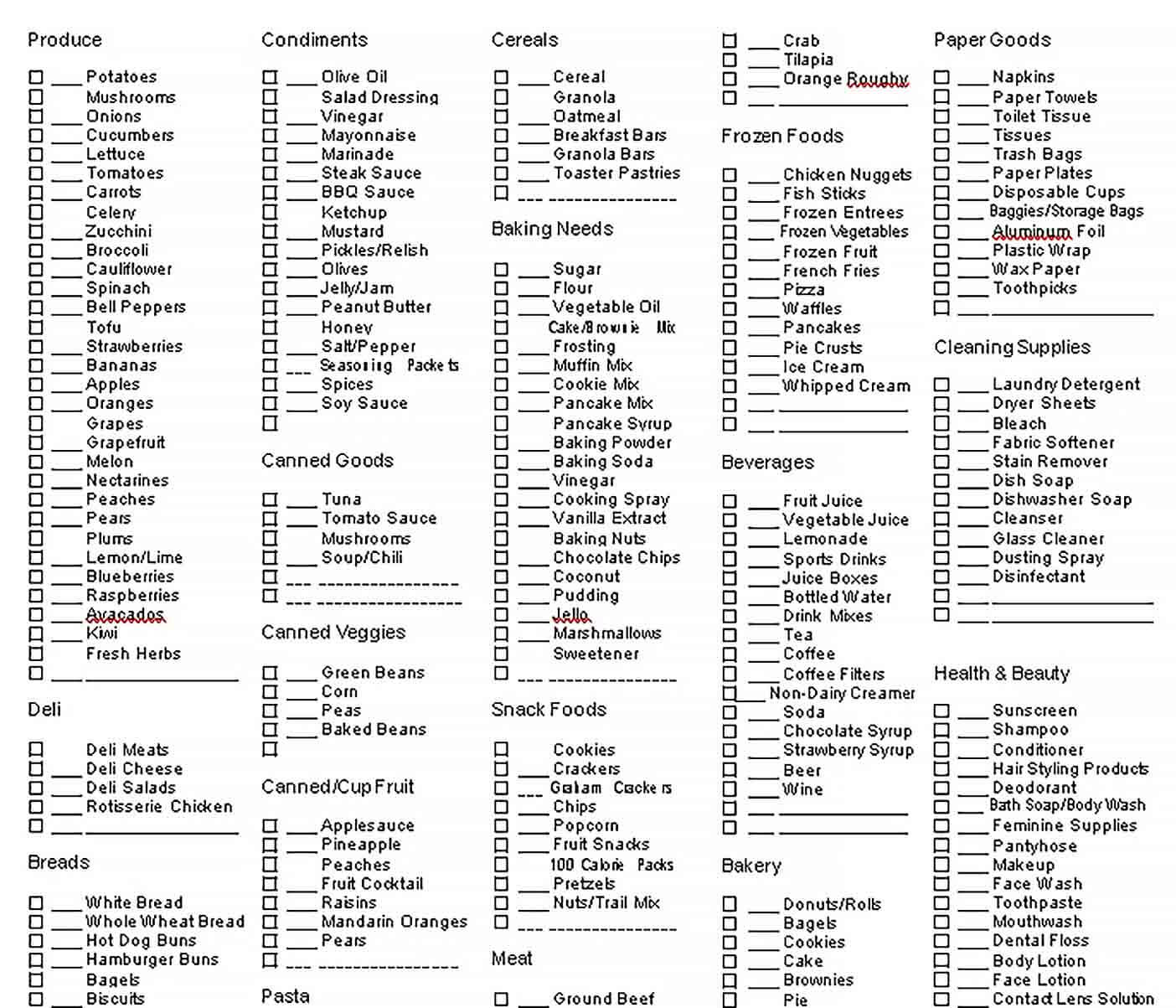 Sample grocery checklist pdf format