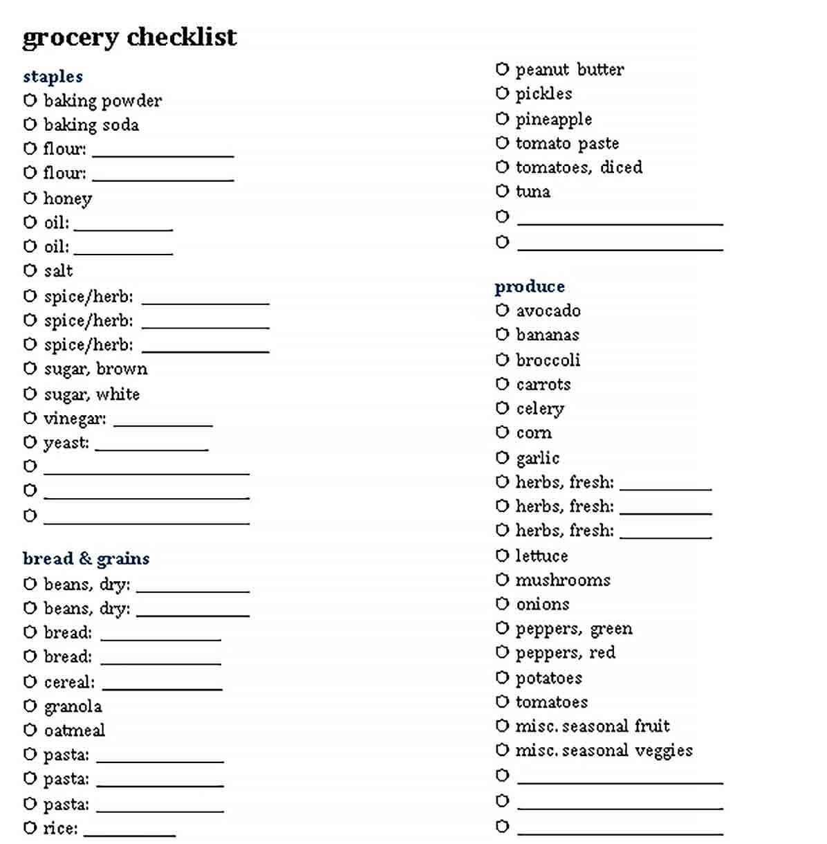 Sample grocery checklist pdf format 1 1