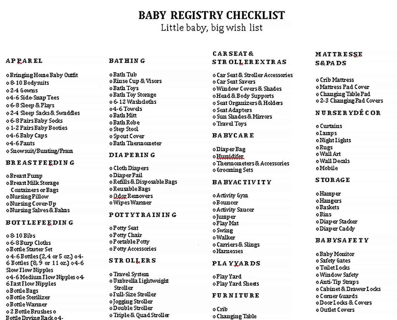 Sample kohls Complete Little Baby Registry Checklist
