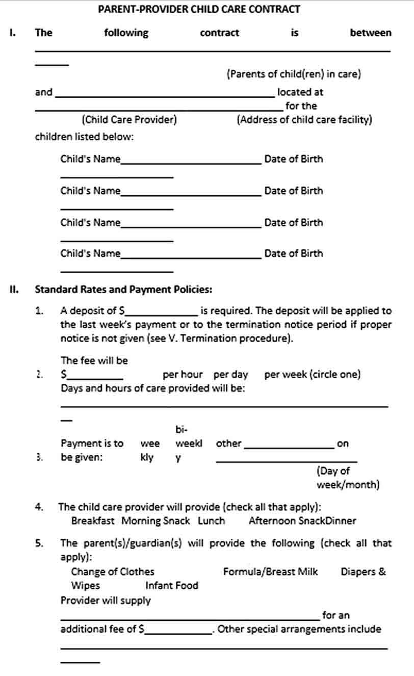 Sample parent provider child care contract
