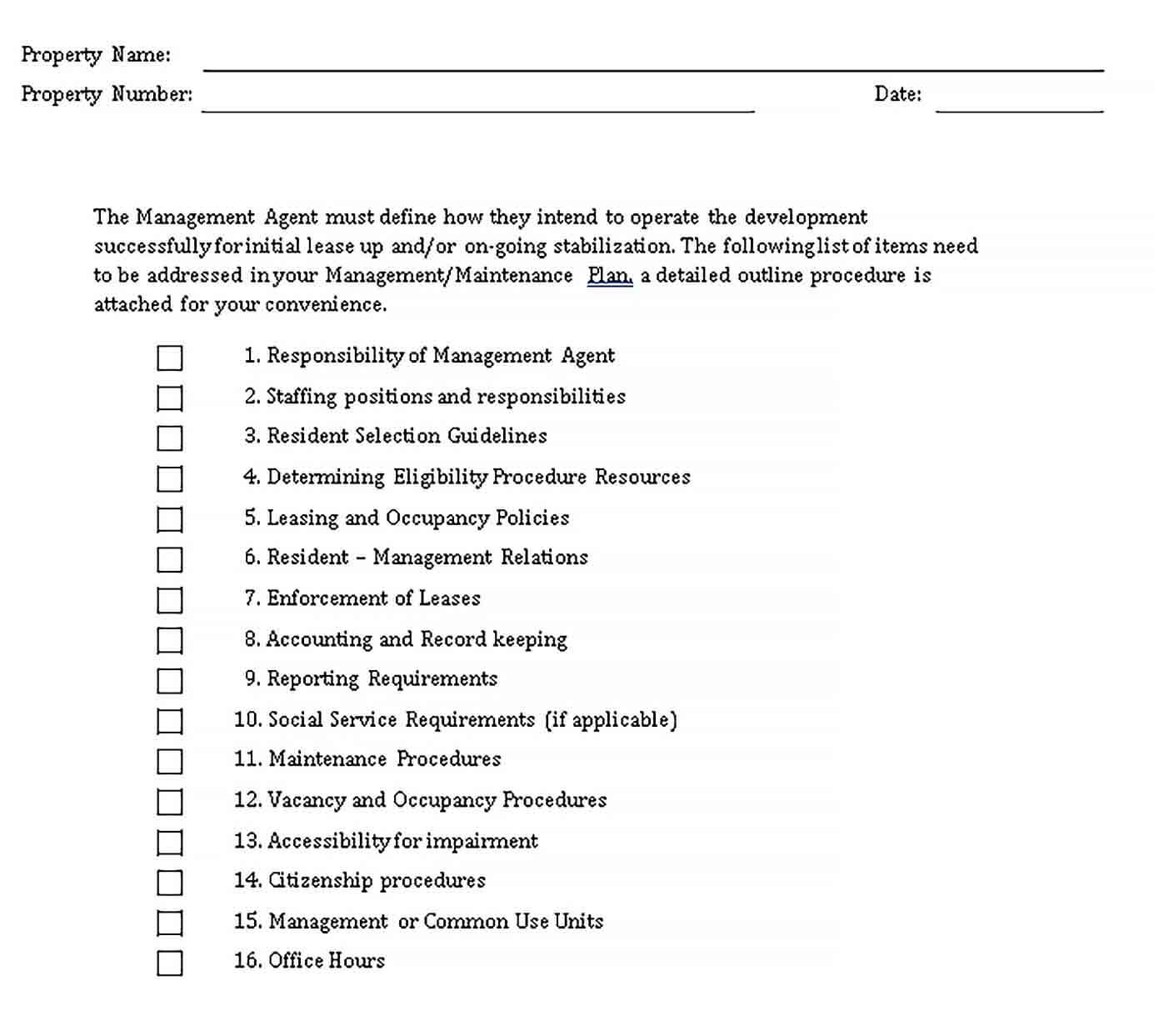 Sample property Managment Checklist Example