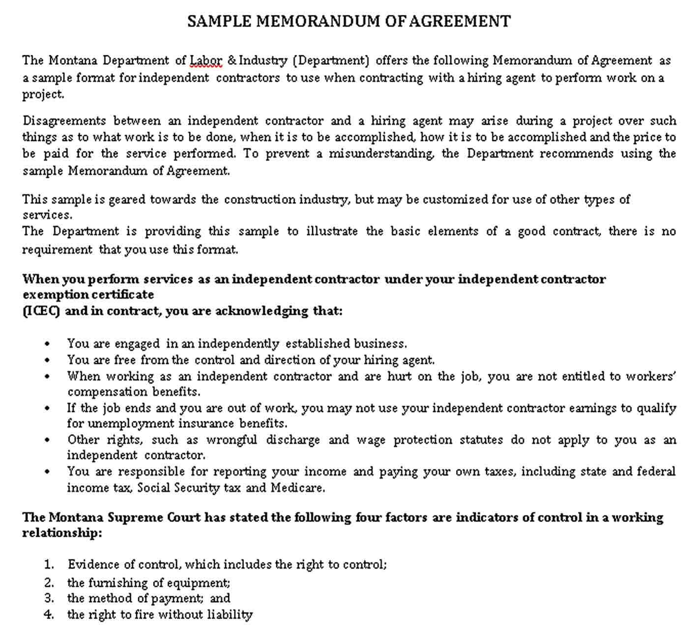 Sample sample memorandum of agreement
