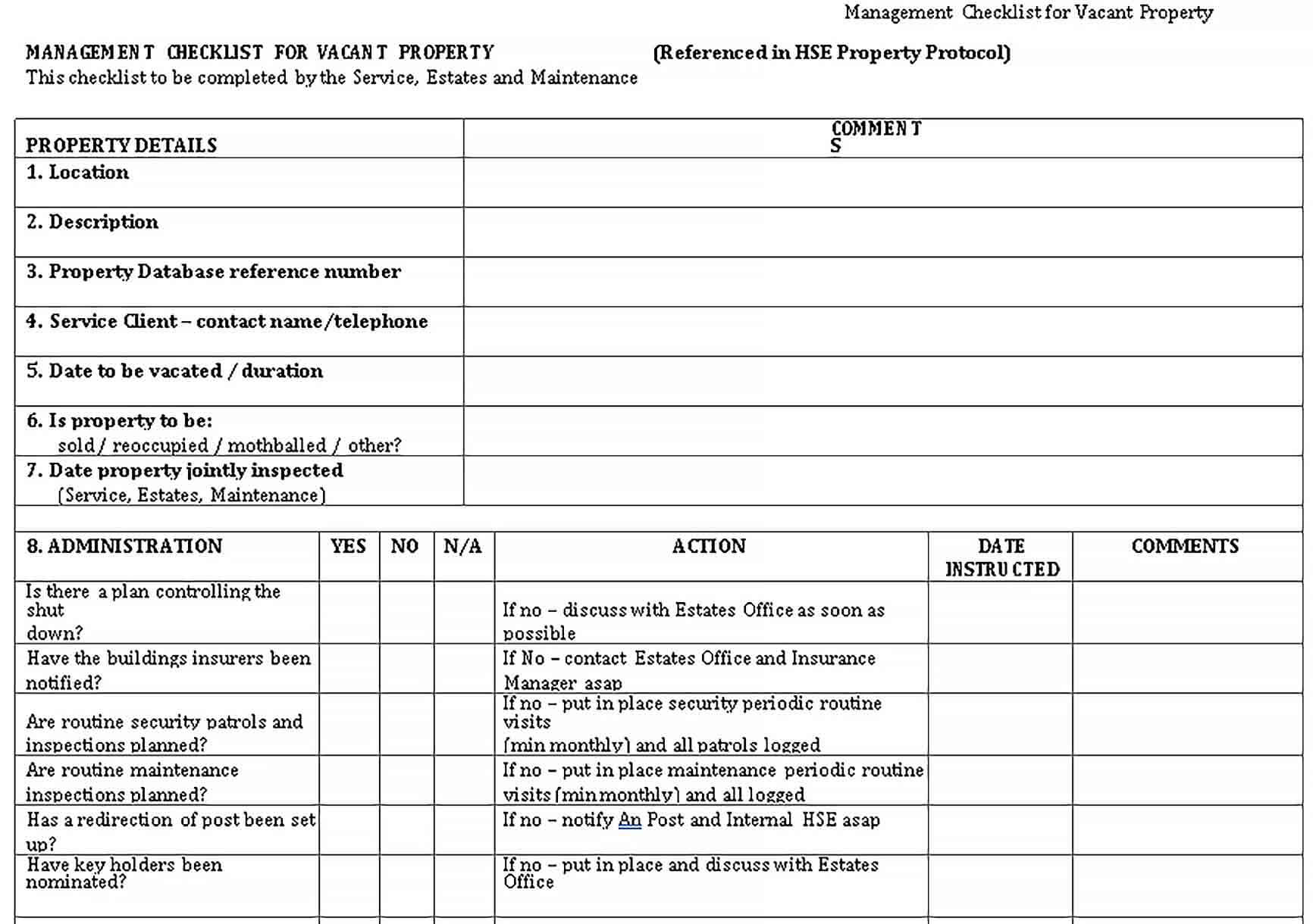 Sample vacant Property Management Checklist
