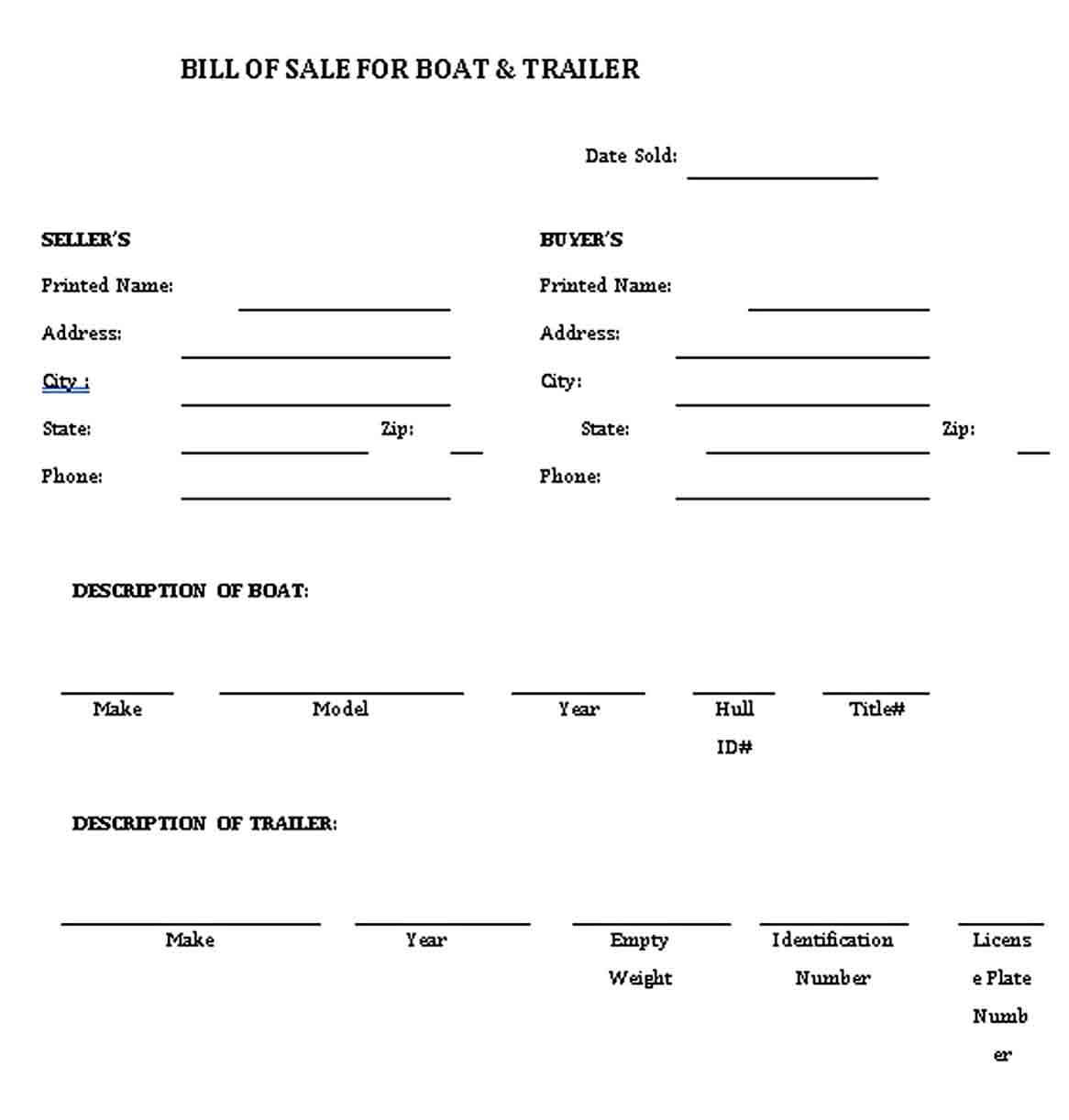 free boat trailer bill of sale template