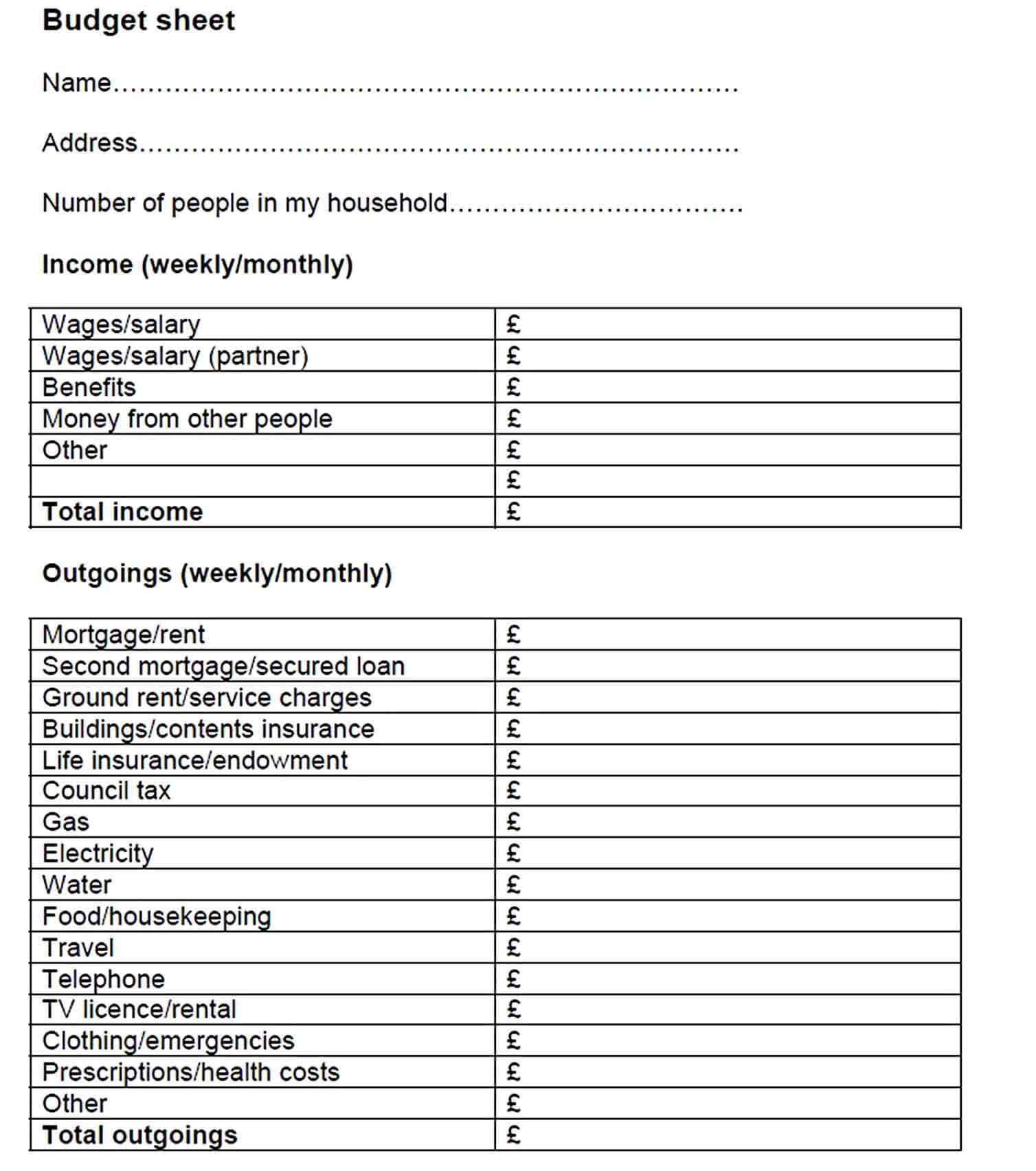 Blank Expenditure Budget Form Template PDF Download