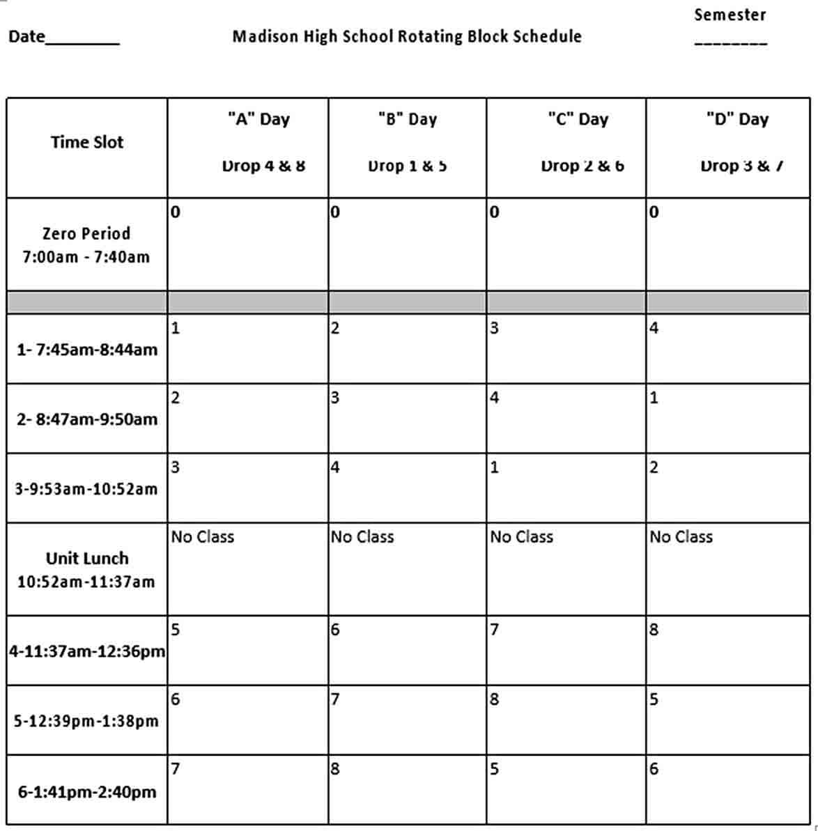 Blank High School Schedule Template