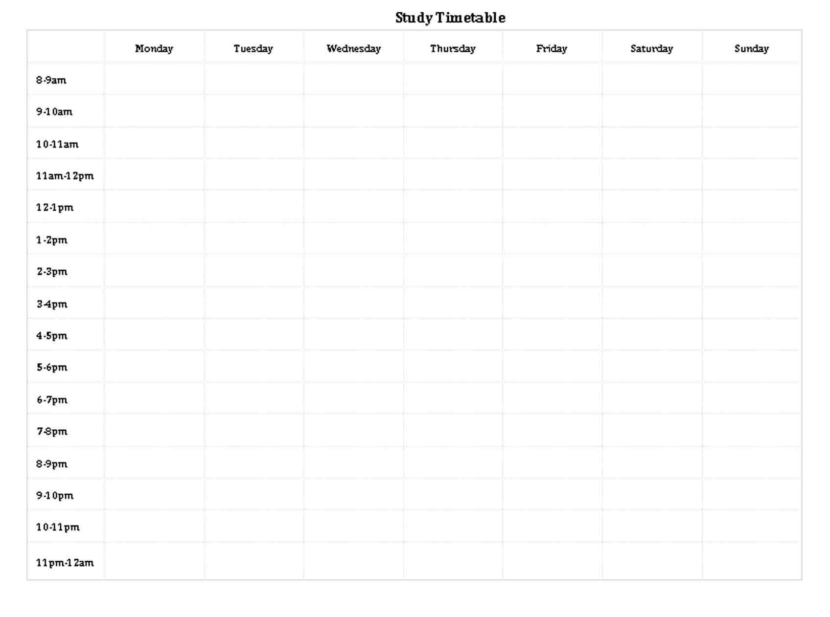 Blank Study Timetable Template