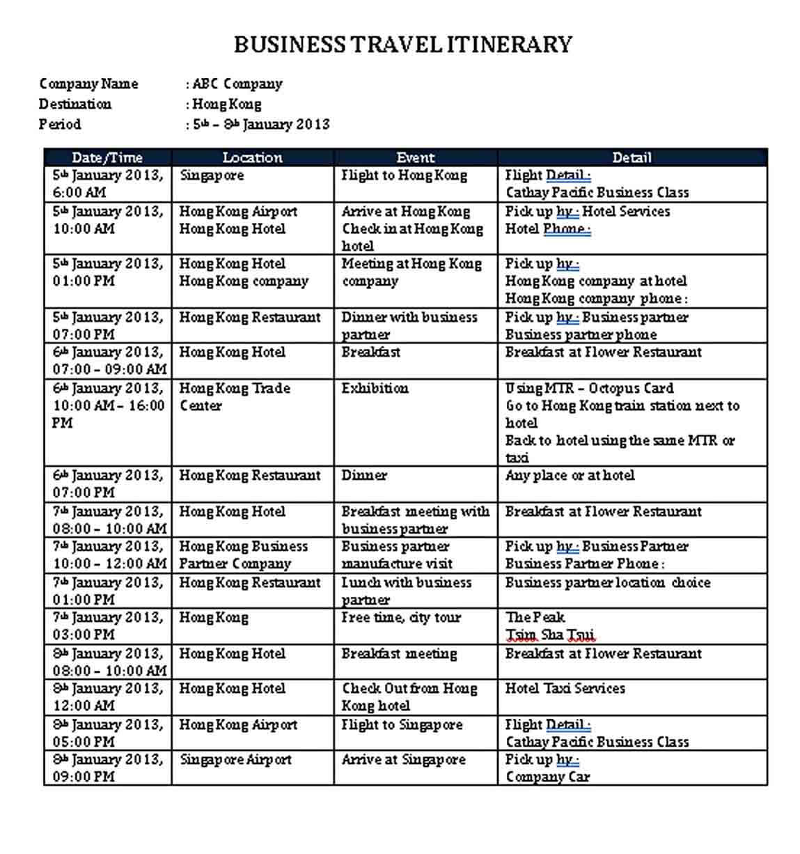Business Itinerary Schedule Template Word Doc