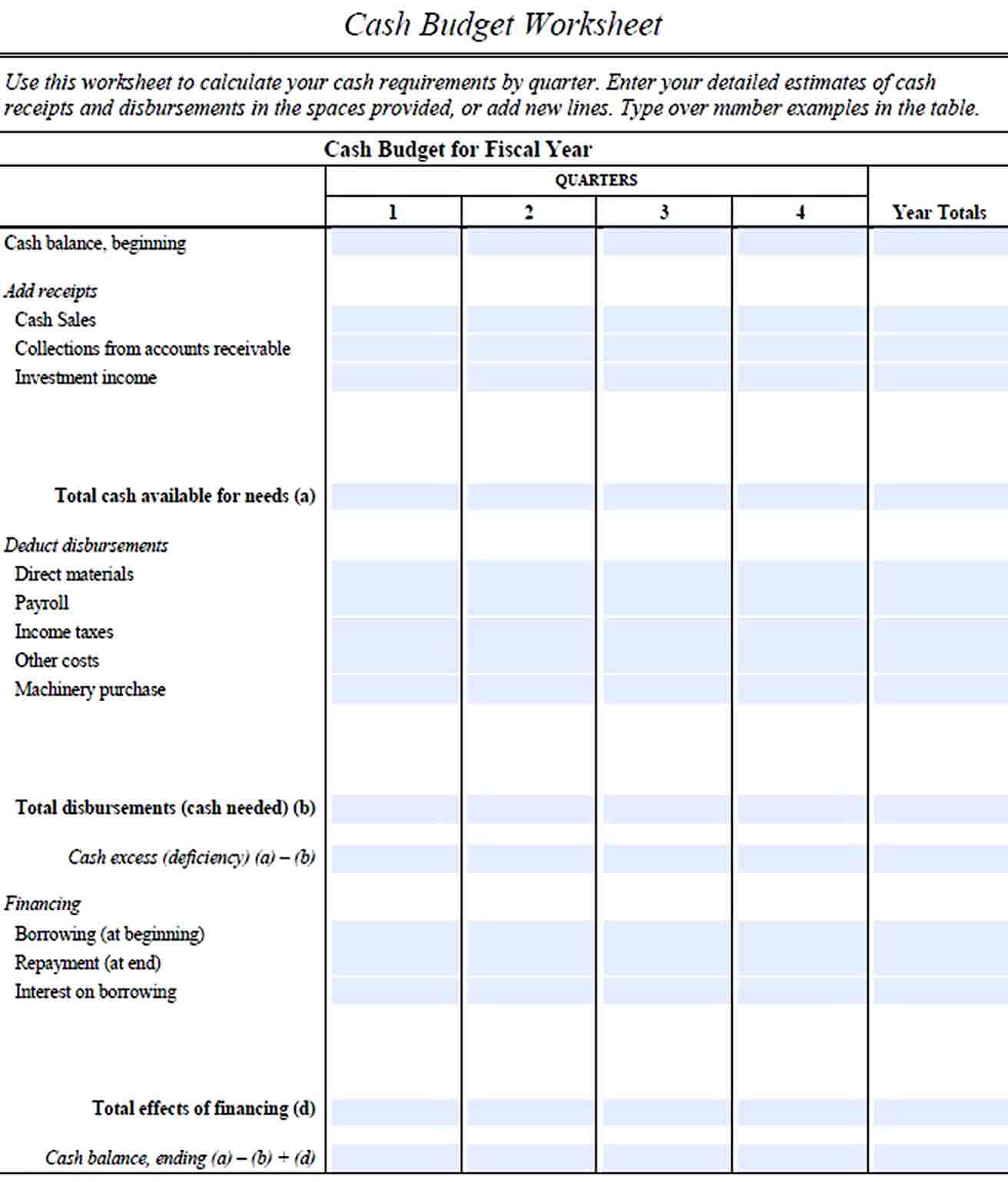 Cash Budget Worksheet