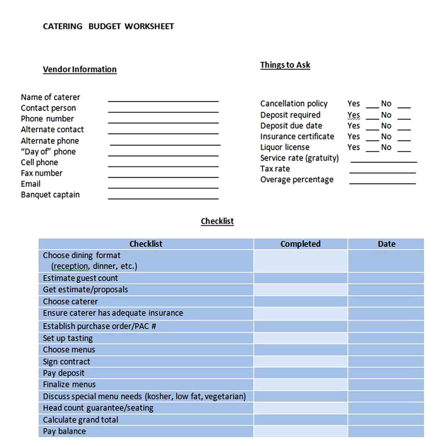 Catering Budget Worksheet