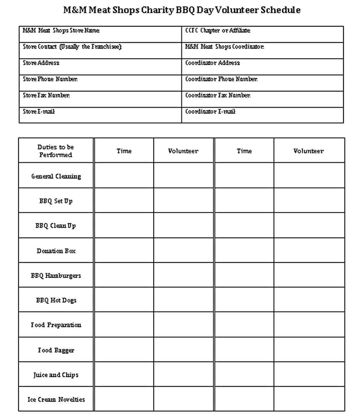 Charity BBQ Day Volunteer Schedule Template Free Word Format