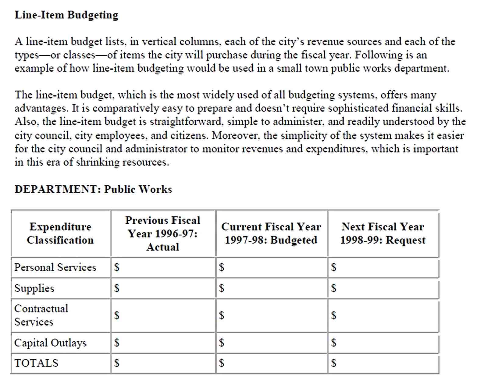 Compact Public Works Department Budget Template