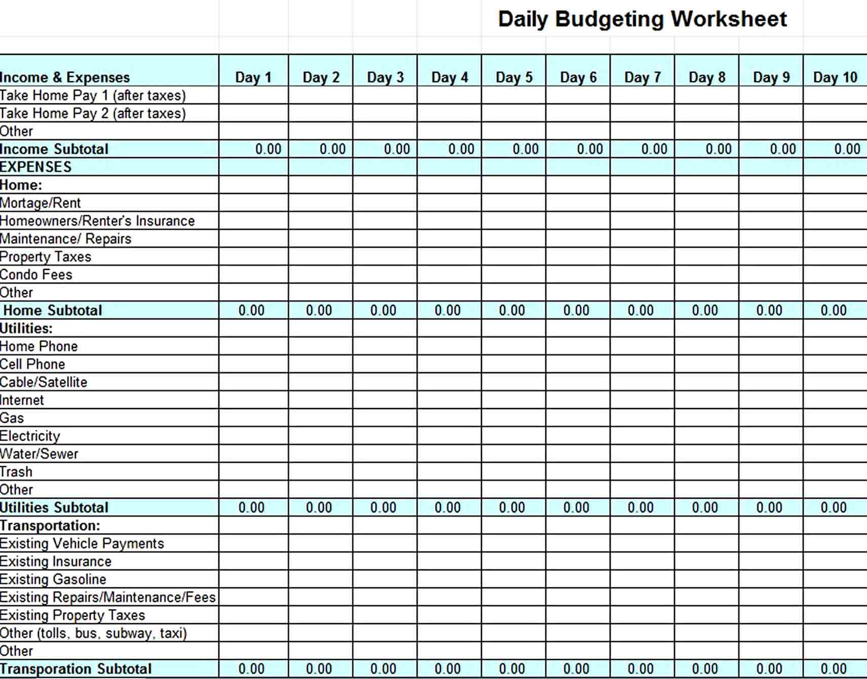 Daily Home Budget Template Excel