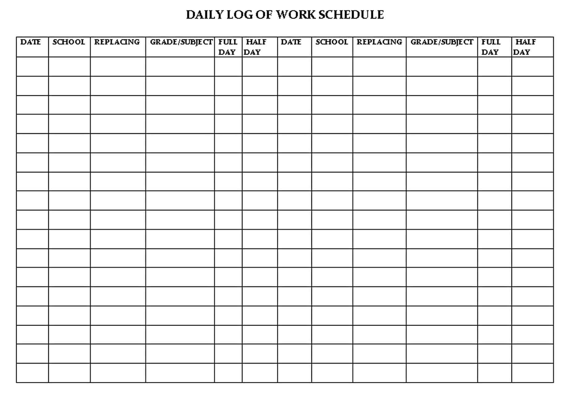 Daily Log of Work Schedule Template in PDF
