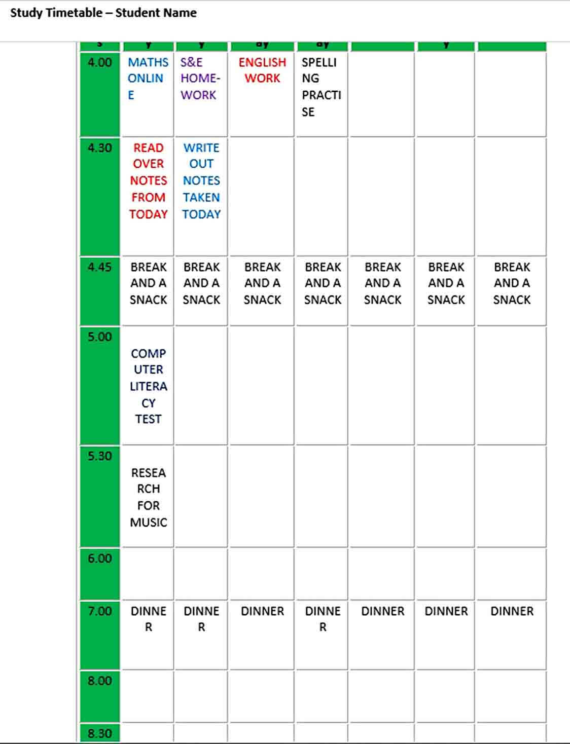 Editable Homework Study Timetable Schedule Template Word Format