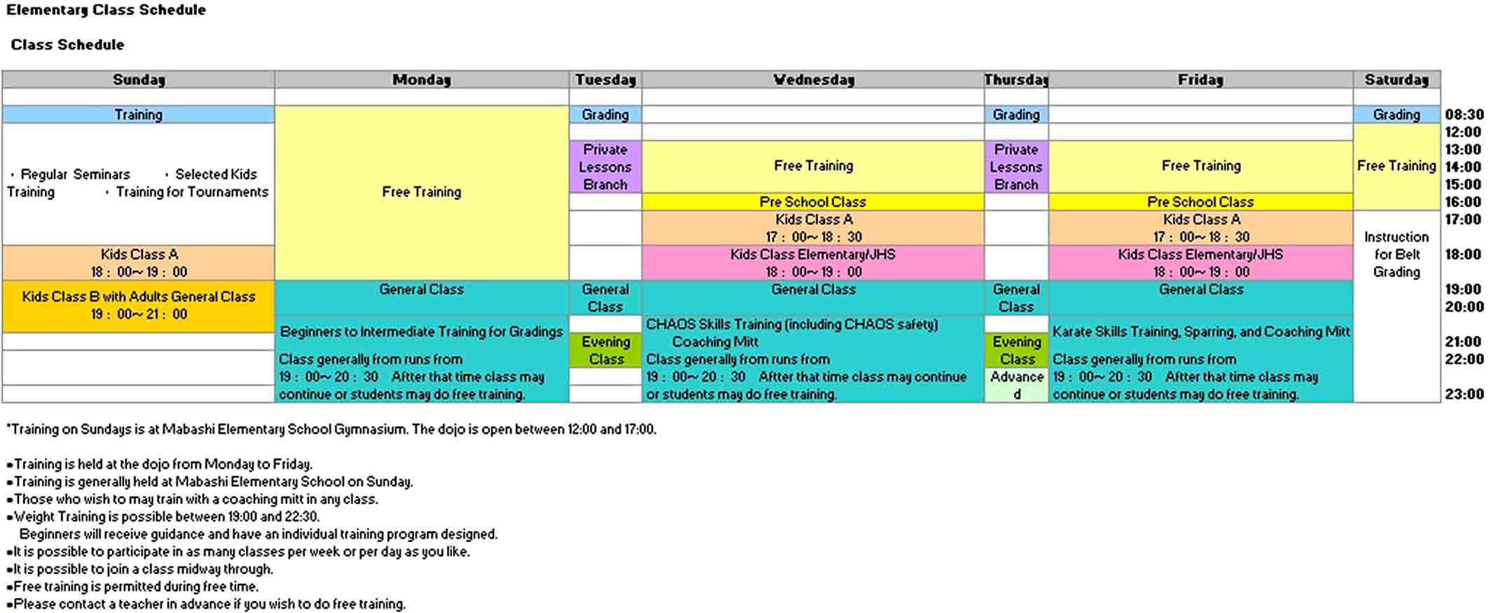 Elementary Class Schedule Template