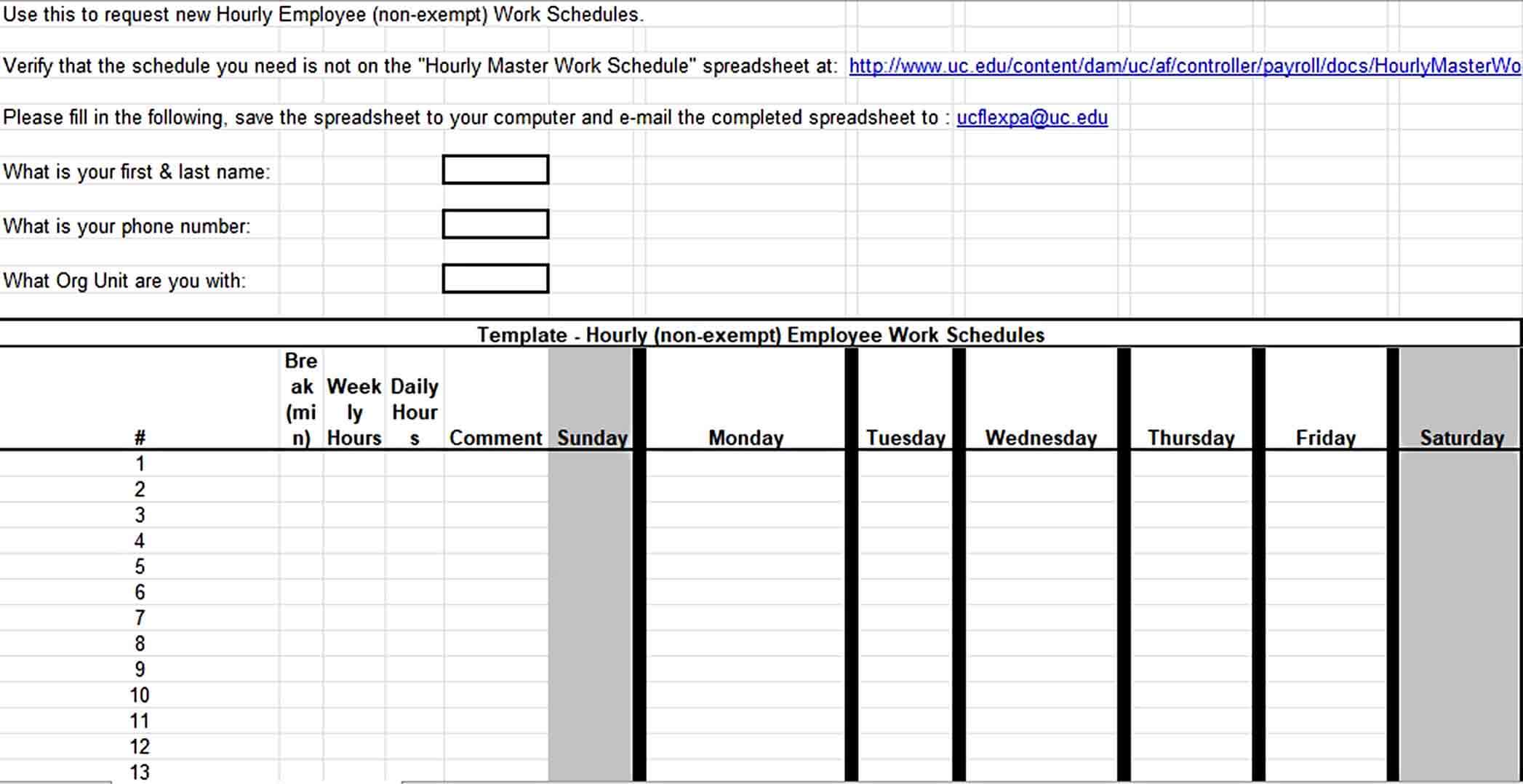 Employee Hourly Work Schedule Template Excel Download