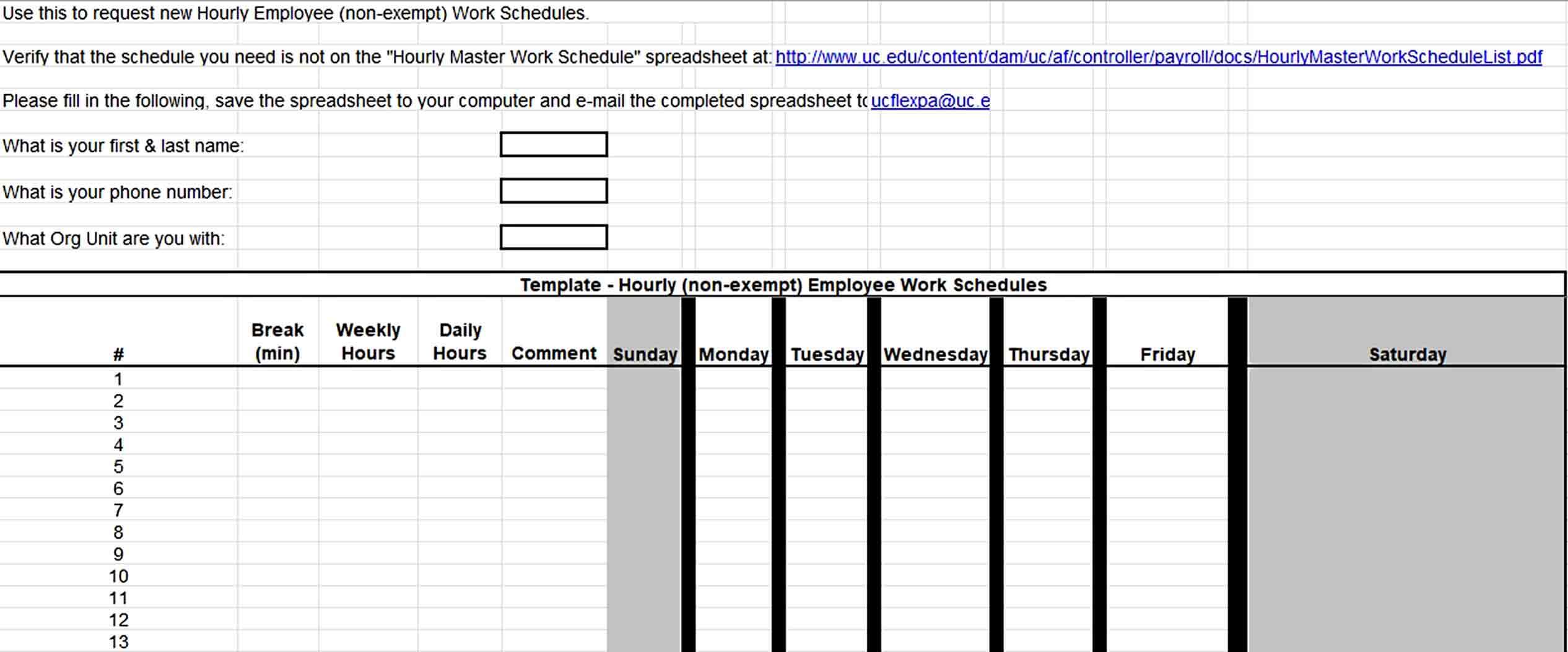 Employee Hourly Work Schedules Request Template